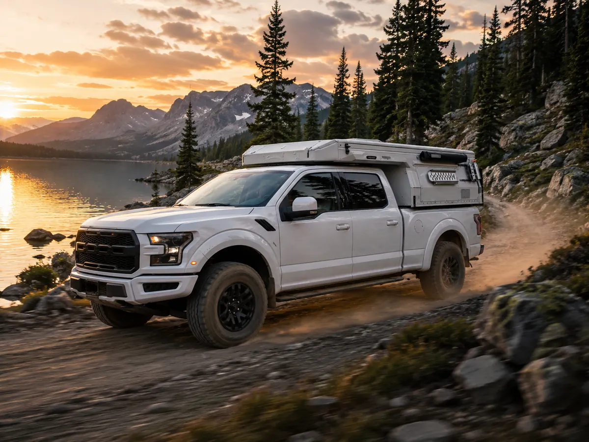 Truck camper traveling beside a mountain lake