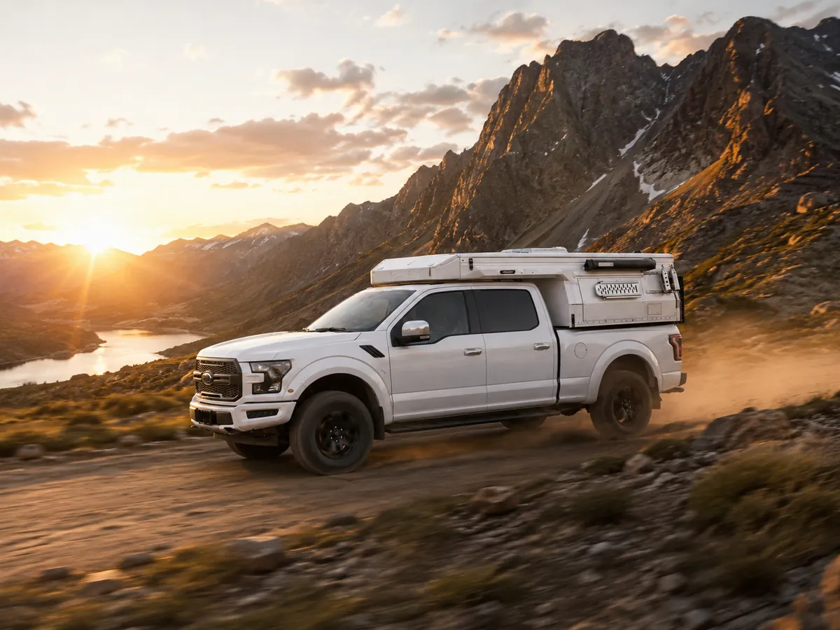Iron Ridge truck camper traveling through mountain terrain
